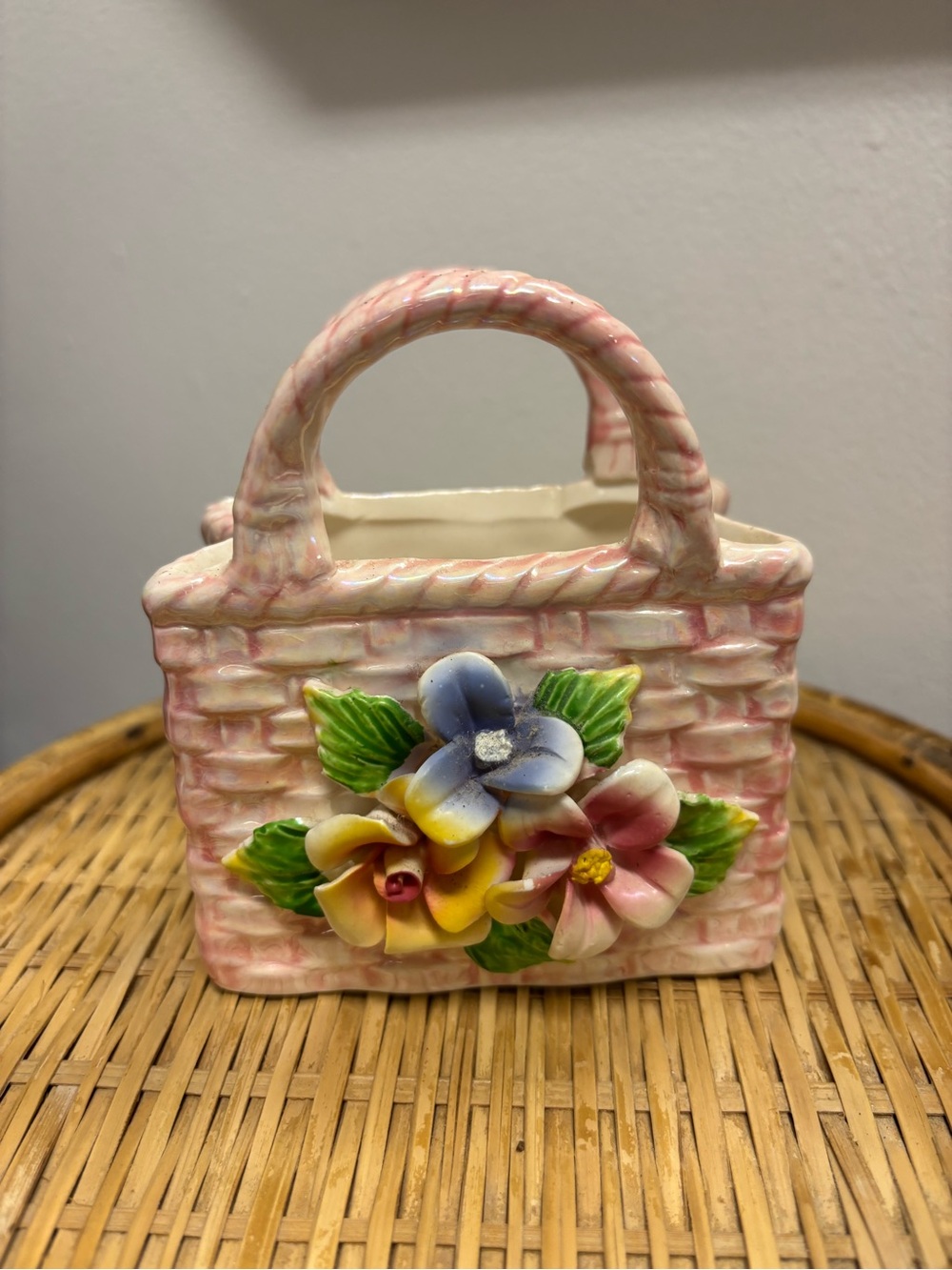 Pink Ceramic Floral Basket Bag Decorative Vase -Vintage